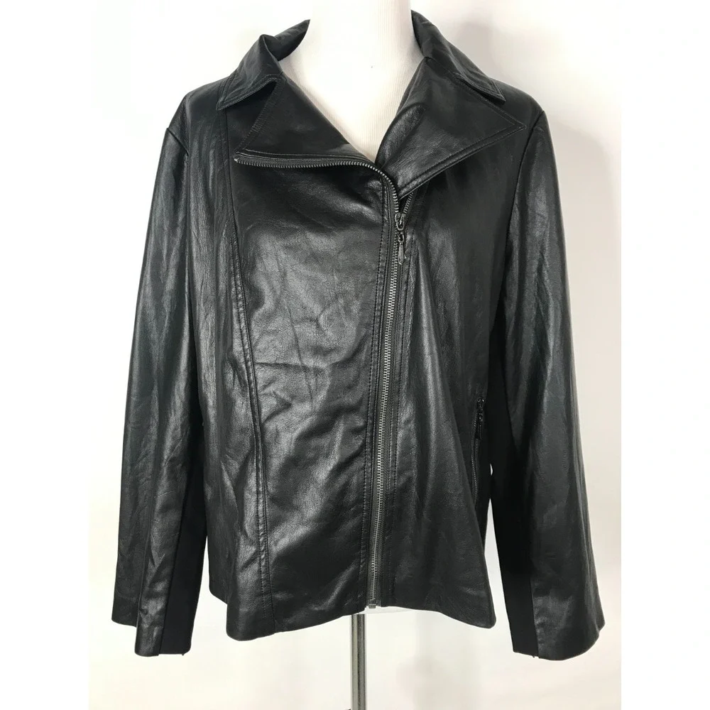 Chicos Jacket Womens Extra Large 3 Black Faux Leather Vegan Asymmetrical Moto